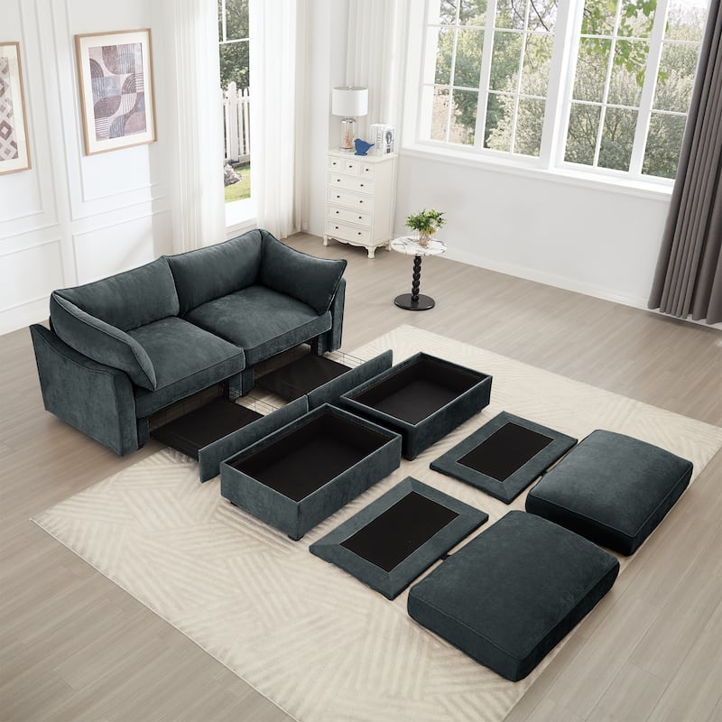 2-Seater Loveseat with 2 Movable Ottoman & Pull out Storage Drawer Under