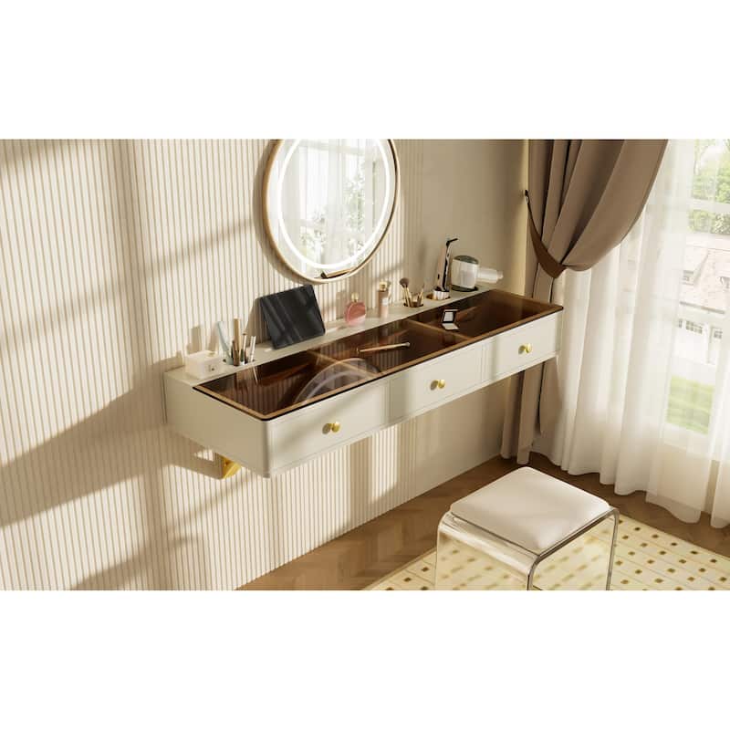 Floating Vanity Desk with Glass Top & Drawers, Wall Mounted Makeup Vanity Desk, Dressing Table with Tablet Holder