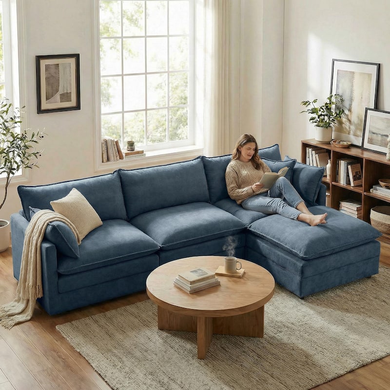 Homy Casa 102" L-Shaped Modular Sectional Sofa Movable Ottoman, Cloud-Style Chenille Couch, DIY Combination for Living Room Tray - Blue
