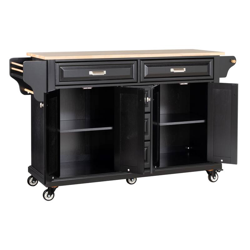 Kitchen Island with Rubber wood Countertop, Kitchen Cart on 5 Wheels with Storage Cabinet and 5 Drawers for Dinning Room