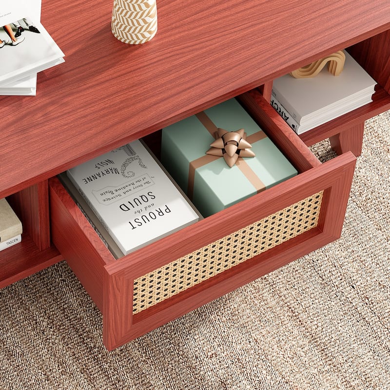 Wooden Cocktail Table Sofa Table, Coffee Table with Rattan Drawer, Modern Accent Table with Wood Legs