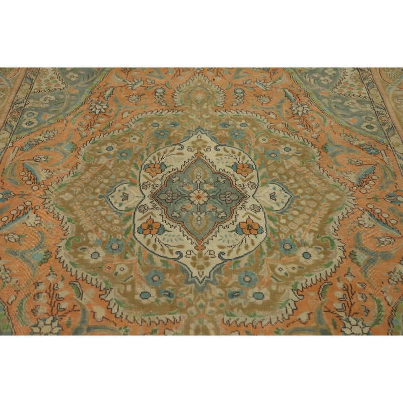 Hand Knotted Oriental 100% Wool Carpet Traditional Floral Oranges & Rust Tabriz Area Rug - 9' 4'' X 6' 5''
