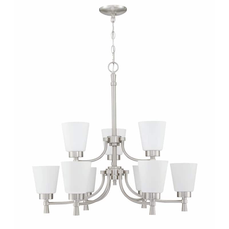 9-Light Brushed Nickel Chandelier With Satin Etched Opal Glass Shades