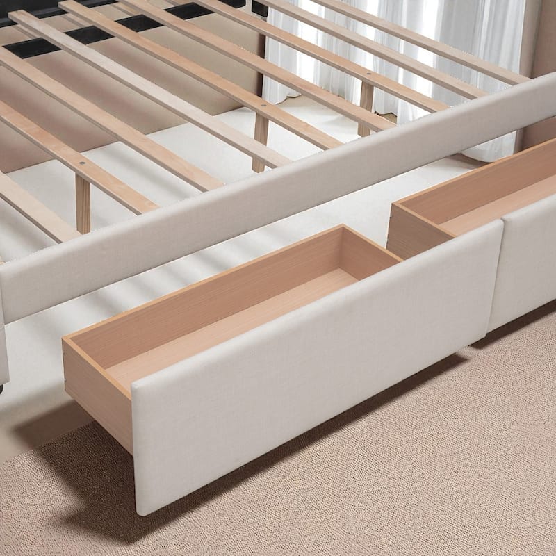 Queen Size Upholstered Platform Bed with Button-Tufted Headboard, 2 Storage Drawers and Twin XL Trundle, Linen Fabric
