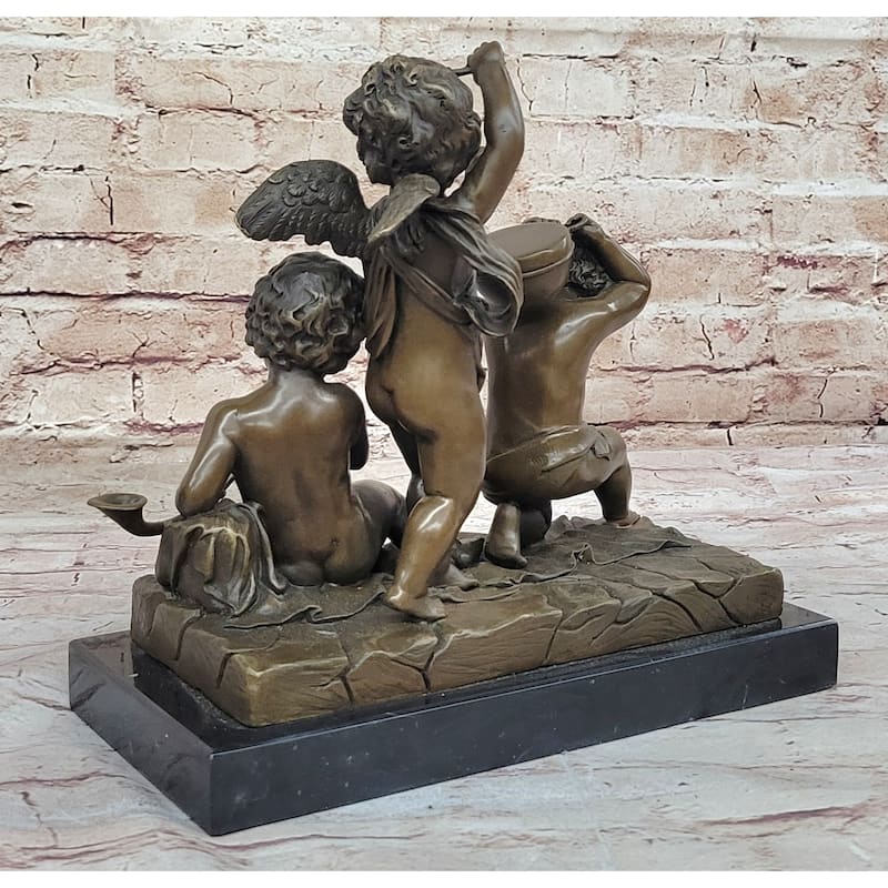Three Cherubim Winged Cherub Baby Angel Putti Sculpture On Marble Base