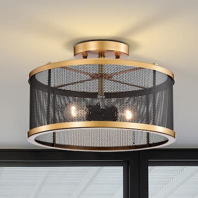 Perin Matte Black+Gold 2-Light Metal Drum Semi-Flush Mount