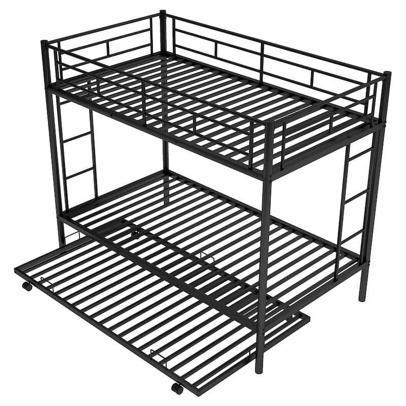 Twin over Twin Size Metal Bunk Bed with Trundle, Ladder and Fence for Bedroom