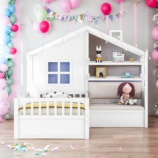 Modern Twin Size Kids Platform Bed House Bed with Sofa with Two Drawers and Storage Shelf