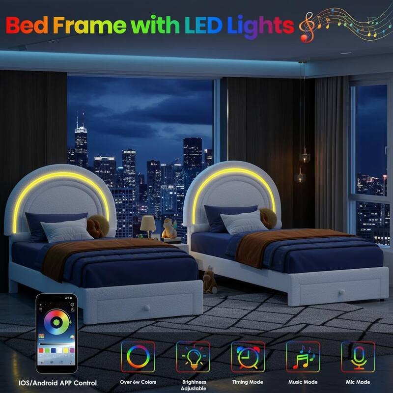 Upholstered LED Bed Frame, with Storage Drawer