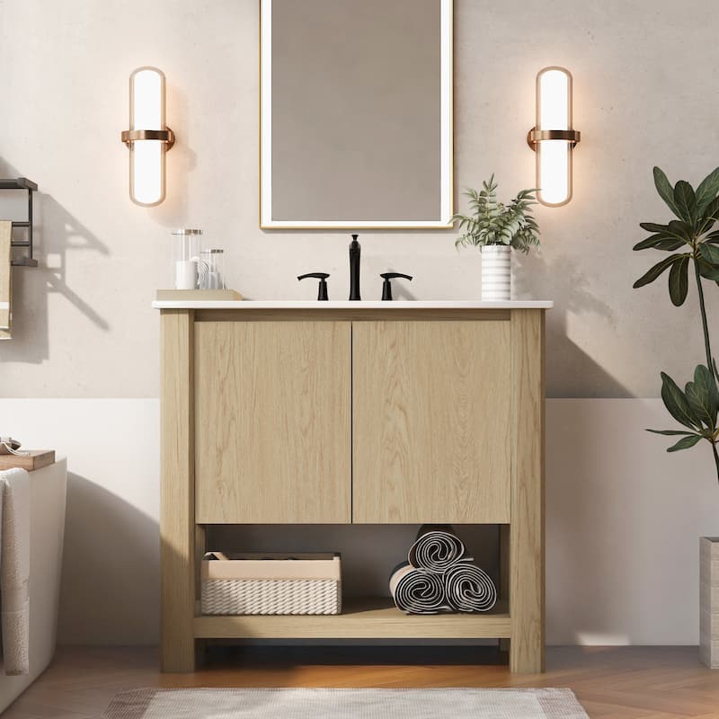 Bathroom Vanity with Ceramic Sink, Bathroom Cabinet with Soft-Closing Doors, Freestanding Cabinet with Open Shelf