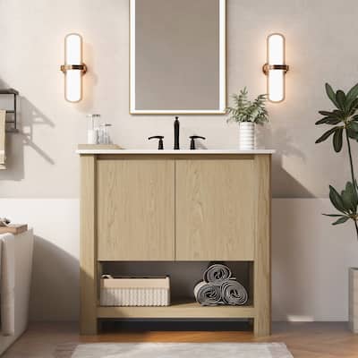 Large Storage Vanity Cabinet for Bathroom with 45 Degrees Free-Handle Design Soft-Closing Doors and Open Shelf at the Bottom