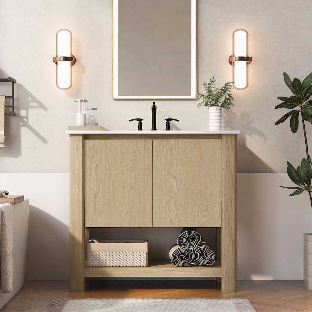 Large Storage Vanity Cabinet for Bathroom with 45 Degrees Free-Handle Design Soft-Closing Doors and Open Shelf at the Bottom
