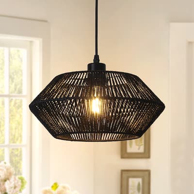 1-Light Modern Semi Flush Mount Chandelier, Handmade Rattan Hanging Pendant Light for Kitchen Island - W12.59"x H5.7"