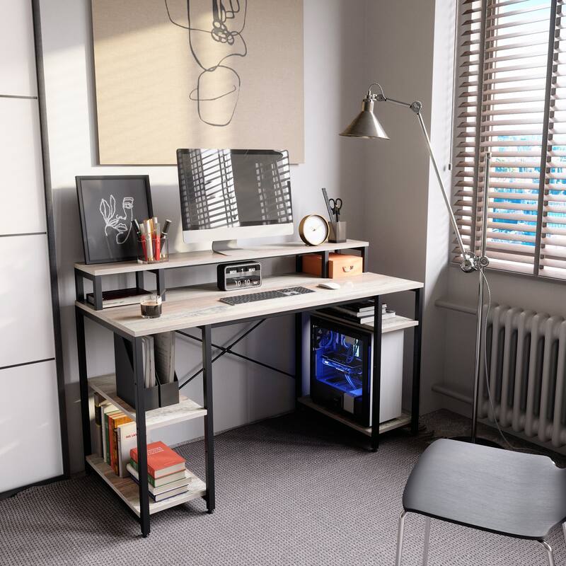 55 Inch Dual Monitor Computer Desk with Adjustable Shelves - Grey White
