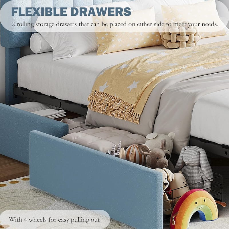 Bed Frame with 2 Drawers, Boucle Upholstered