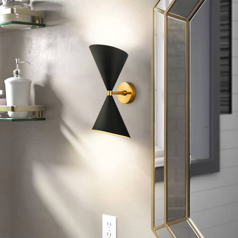 Set of 2 Industrial Black Dual Cone Wall Sconce 2-Light Modern Hourglass Adjustable Head Bathroom Vanity Light