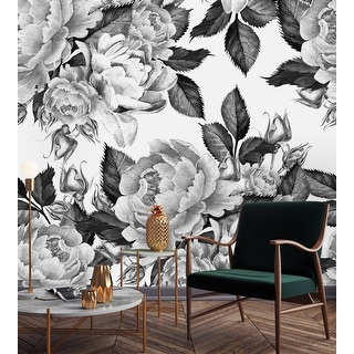 Peonies Flowers Watercolor Black and White Wallpaper Mural - Overstock ...