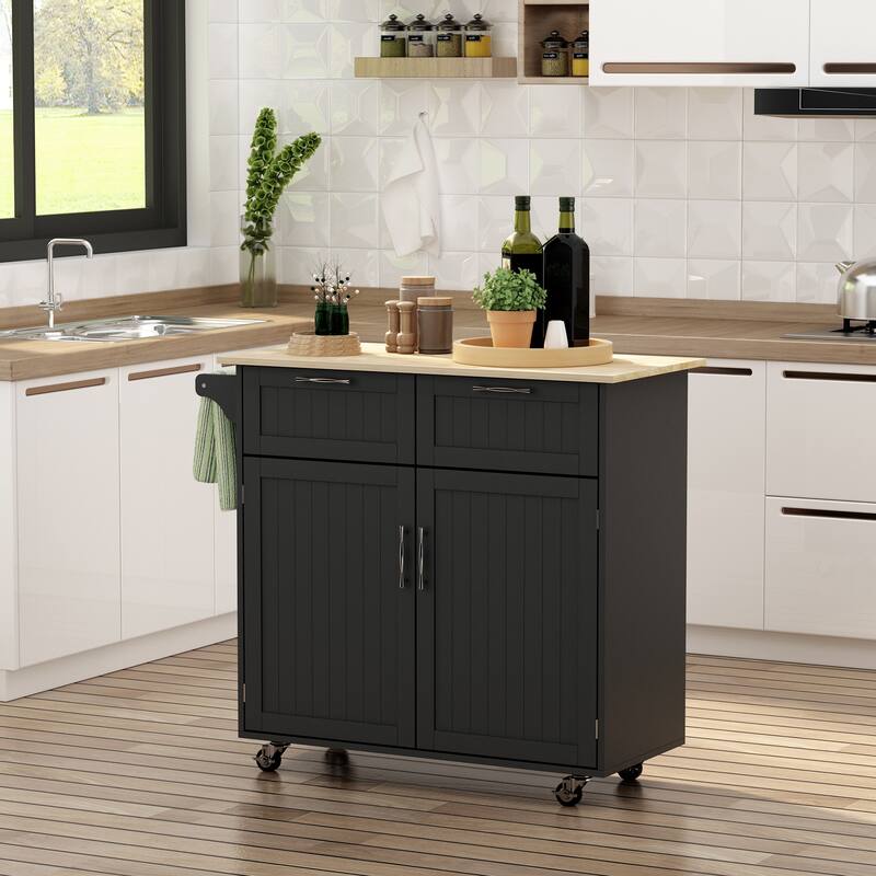 Rubberwood Kitchen Cart with Drawers, Cabinet and Casters - 41" W x 18" D x 35.75" H - Black