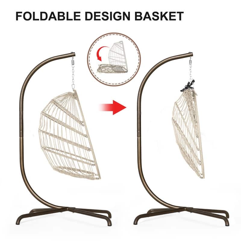 Oversized Wicker Hanging Egg Chair with Stand, Outdoor Indoor Swing Chair with Cushion, 350 lb Capacity