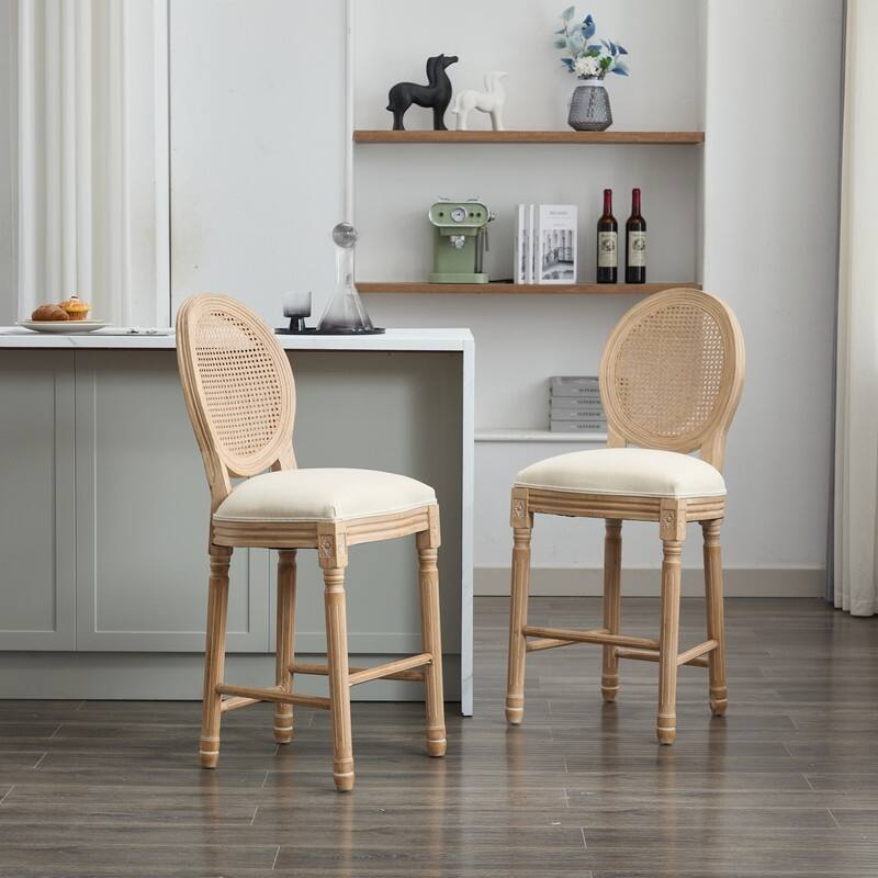 Classic French Wooden Bar Stools with Upholstered Seating Set of 2
