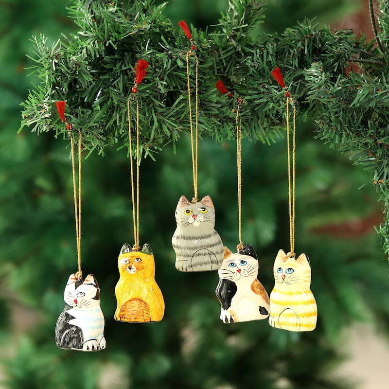 Novica Handmade Cute Kitty Cats Papier Mache Ornaments (Set Of 5)
