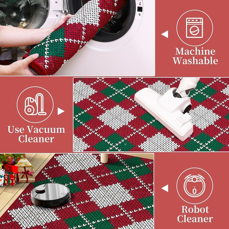 Christmas Holiday Plaid Throw Area Rugs, Non Slip Machine Washable, Green+Red