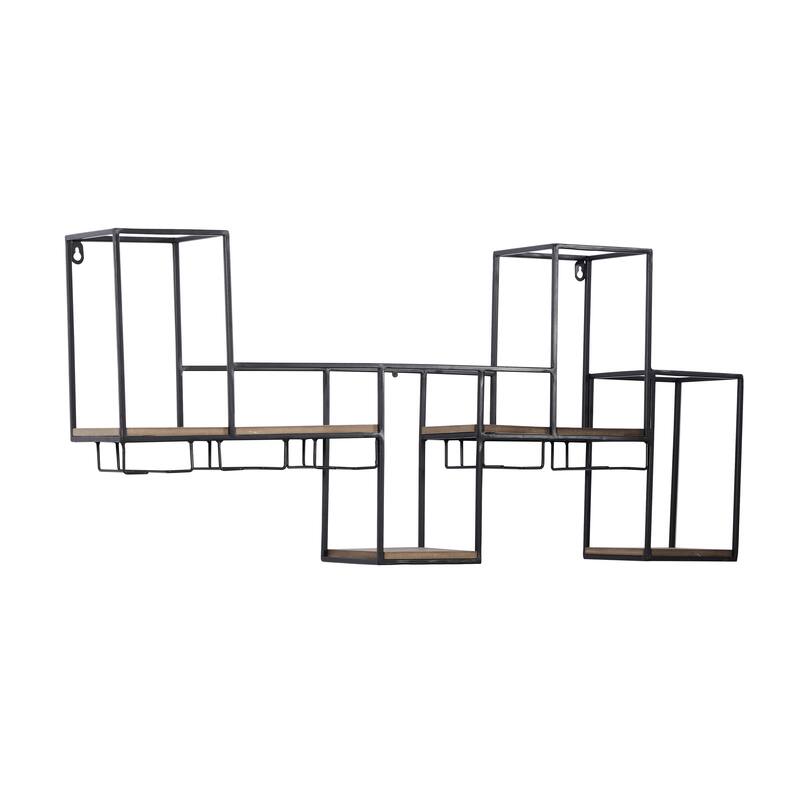 Black Metal 7 Bottle Geometric Wall Wine Rack with 5 Glass Holder Slots