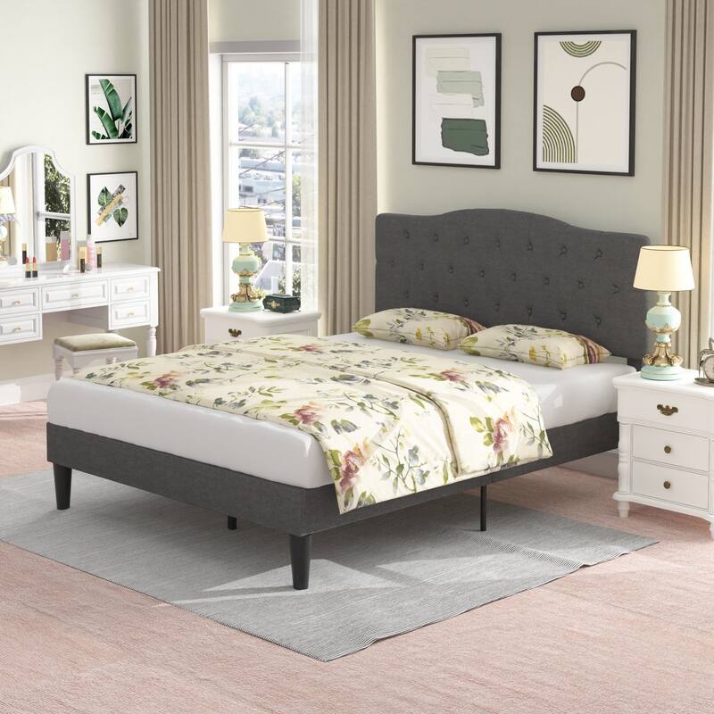 VECELO Modern Upholstered Bed with Height Adjustable Tufted Headboard ,Dark Grey - Grey - Full