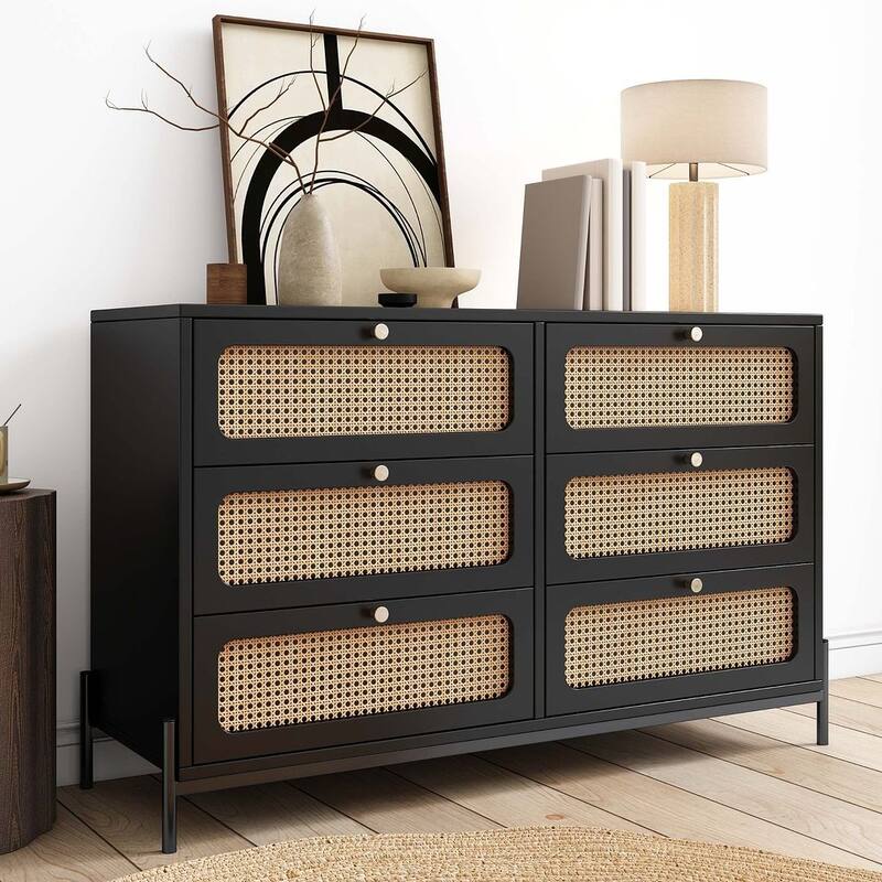 Farmhouse Rattan Dresser with 6 Drawers for bedroom