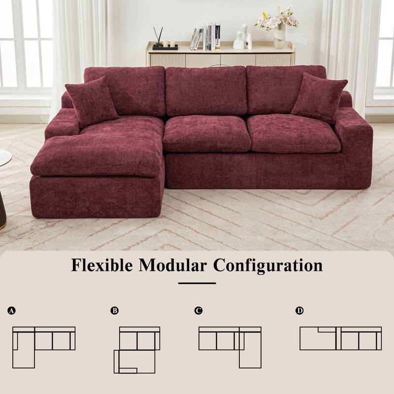 L-Shape Cloud Sectional Sofa with Chaise, Chenille Modular Boneless Upholstered Couche, Full-Compressed Sofa with Side Pockets