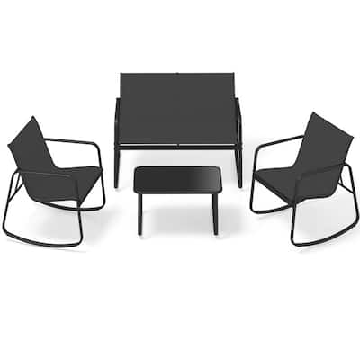 4 Piece Black Metal Fabric Rocking Bistro Set with Coffee Table Outdoor - Rocking Chair: 28.5” x 24” x 31.5” (L x W x H)