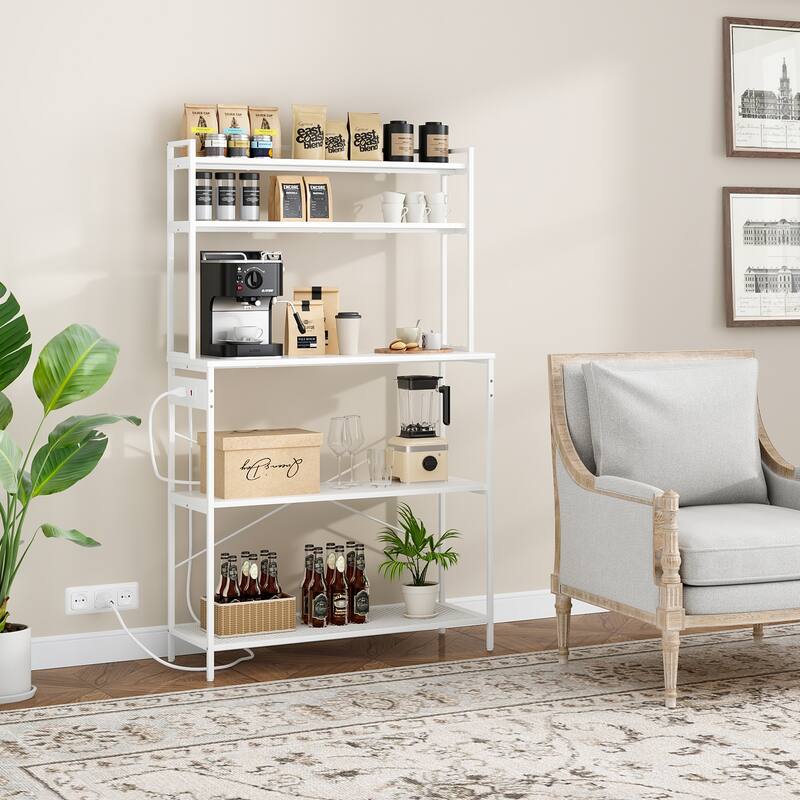 Large 5-Tier Bakers Rack with Electrical Outlets, 39 Inch Microwave Stand & Coffee Bar, Kitchen Storage Shelf for Home