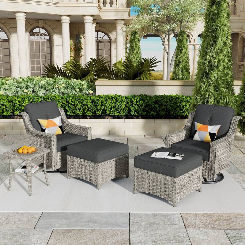HOOOWOOO 5-piece Rattan Outdoor Furniture Patio Swivel Chair Chat Set with Ottoman - Black