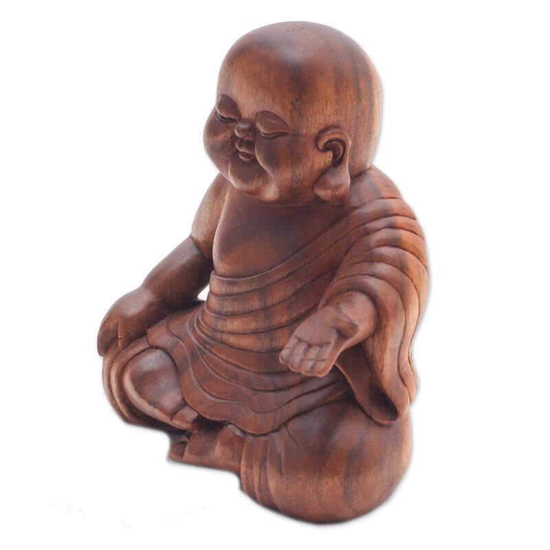 Novica Handmade Tranquil Buddha Wood Sculpture - 6.25" H x 5.5" W x 3.5" D