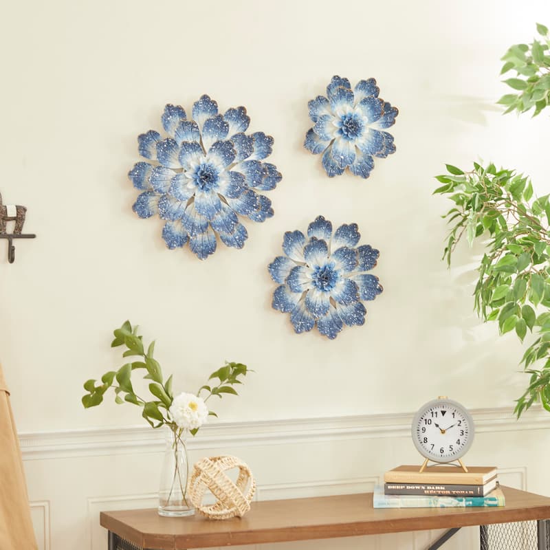 Metal Floral Wall Decor - Set of 3 Blue - Roche River Decor