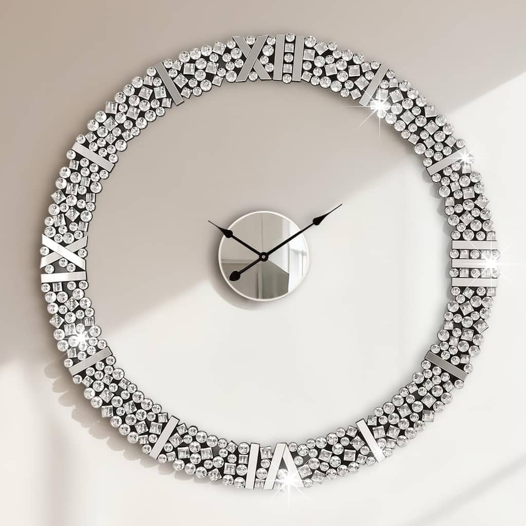 Foldable-Frame Round Wall Clock Adorned with Crystals