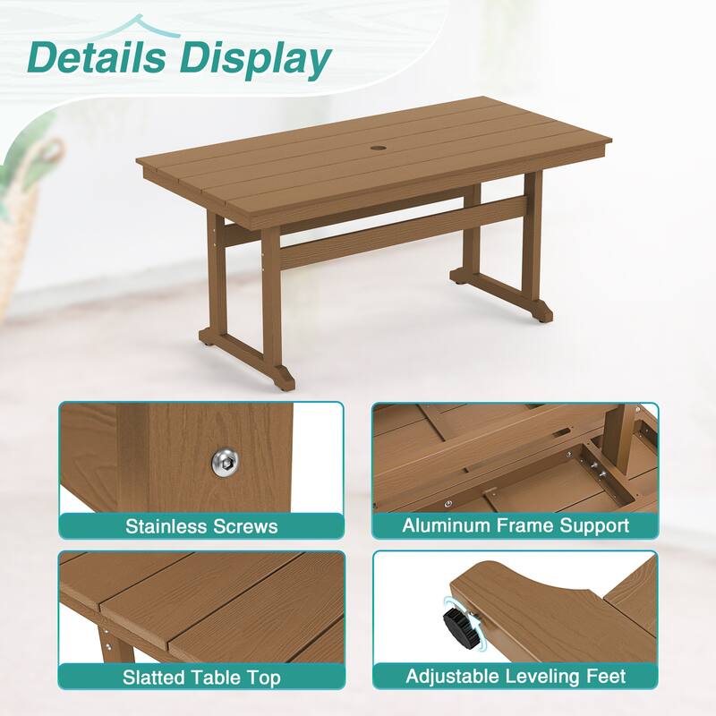 A 66.1-inch HDPS Outdoor Rectangular Table With Umbrella Holes - 32.7" W x 66.1" L x 30.1" H