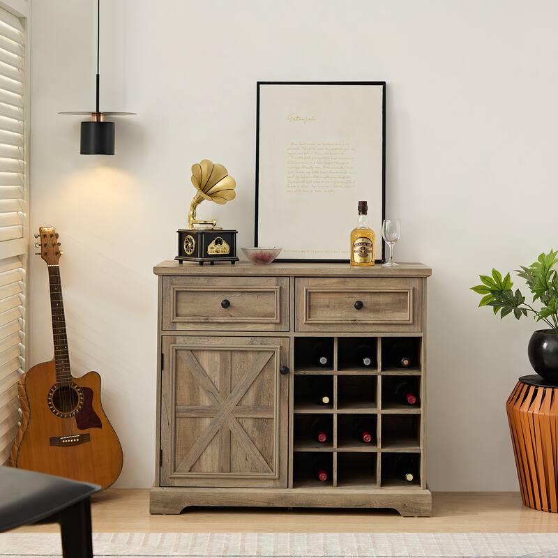 Farmhouse Buffet Cabinet with Storage Sideboard with 2 Drawers, Wine Bar Cabinet with Removable Wine Racks Storage Shelves - Gray Wash