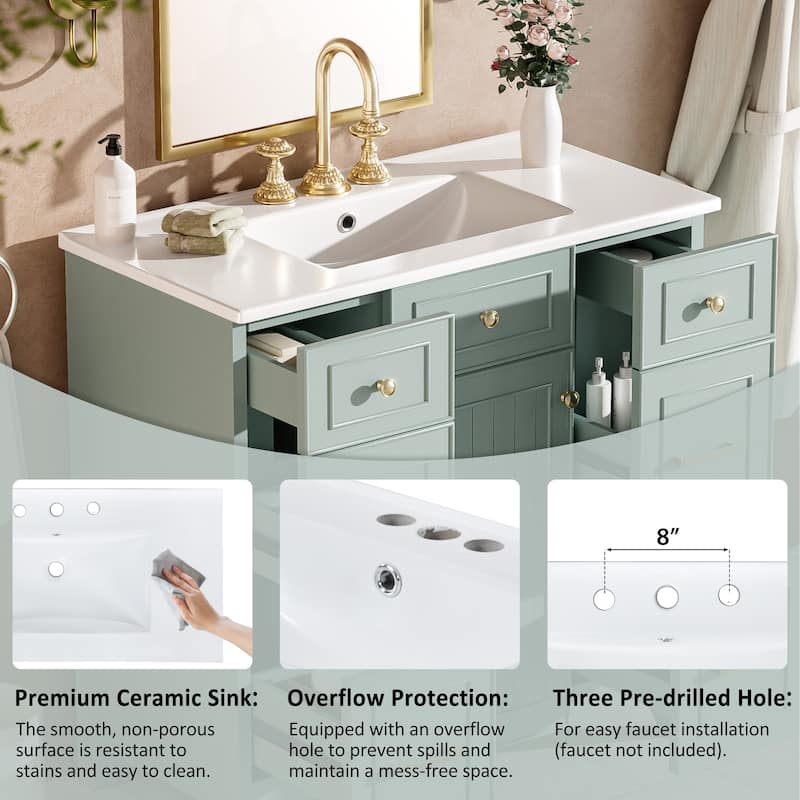 36" Green Bathroom Vanity with Ceramic Sink, Soft-Close Doors, 2 Double-Layer & 2 Standard Drawers, Adjustable Shelf