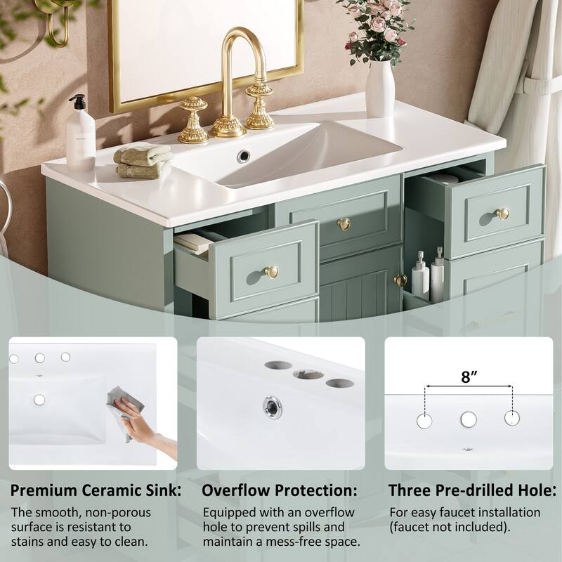 Elegant Green & Gold Cabinet Bathroom Vanity with Vertical Stripe Door, Standard Drawers, 2-Layer Drawers and Adjustable Shelf