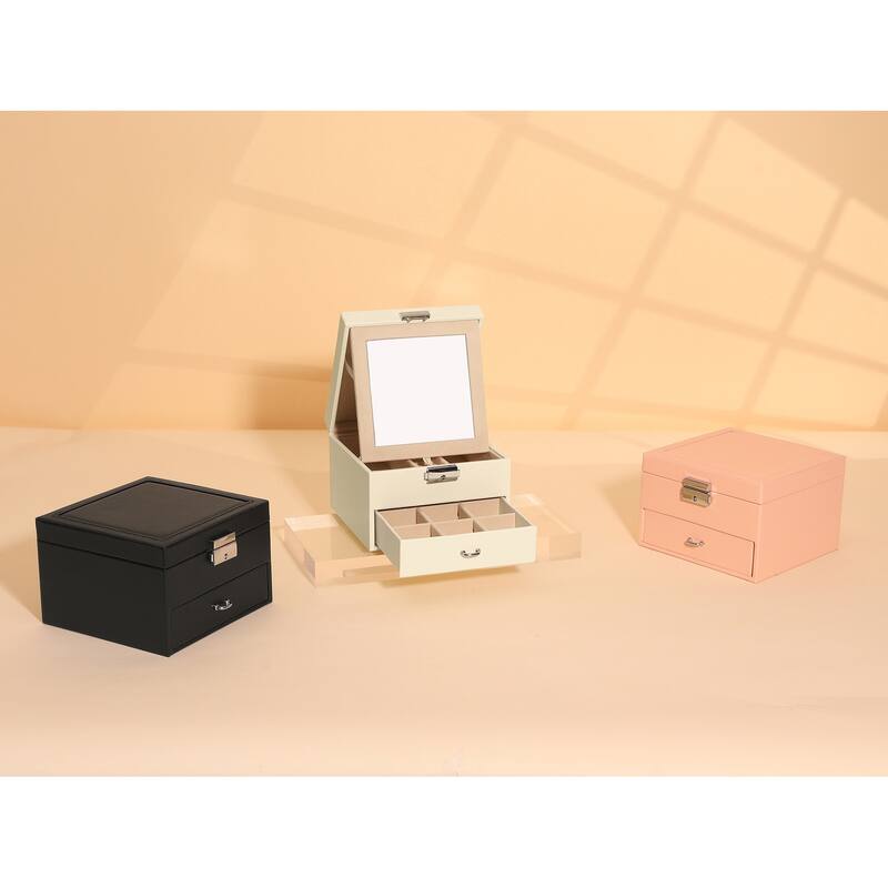 2 Layer Jewelry Box with Mirror for Women Girls Gifts, PU Leather Jewelry Organizer Case Storage Display Holder with Drawer