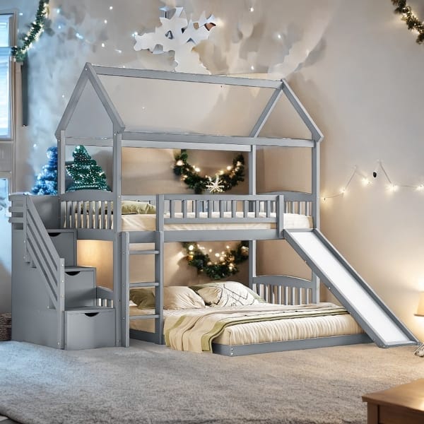 slide 2 of 20, Playhouse Design Twin over Twin Bunk House Bed with 2 Drawers and Slide Gray