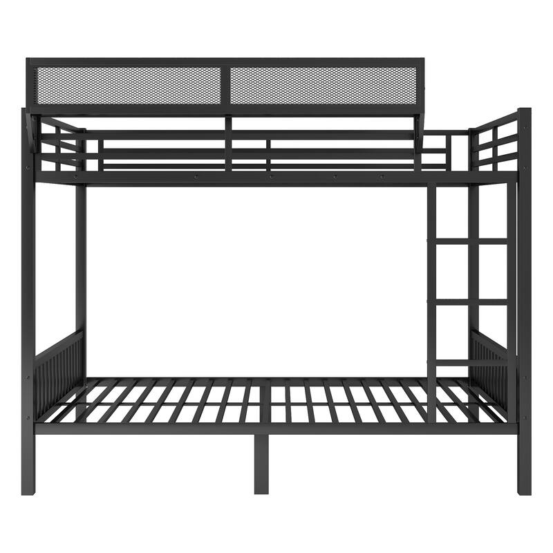 Queen Over Queen Metal Bunk Bed with Ladder and Storage Shelf for Adults and Teens, Black