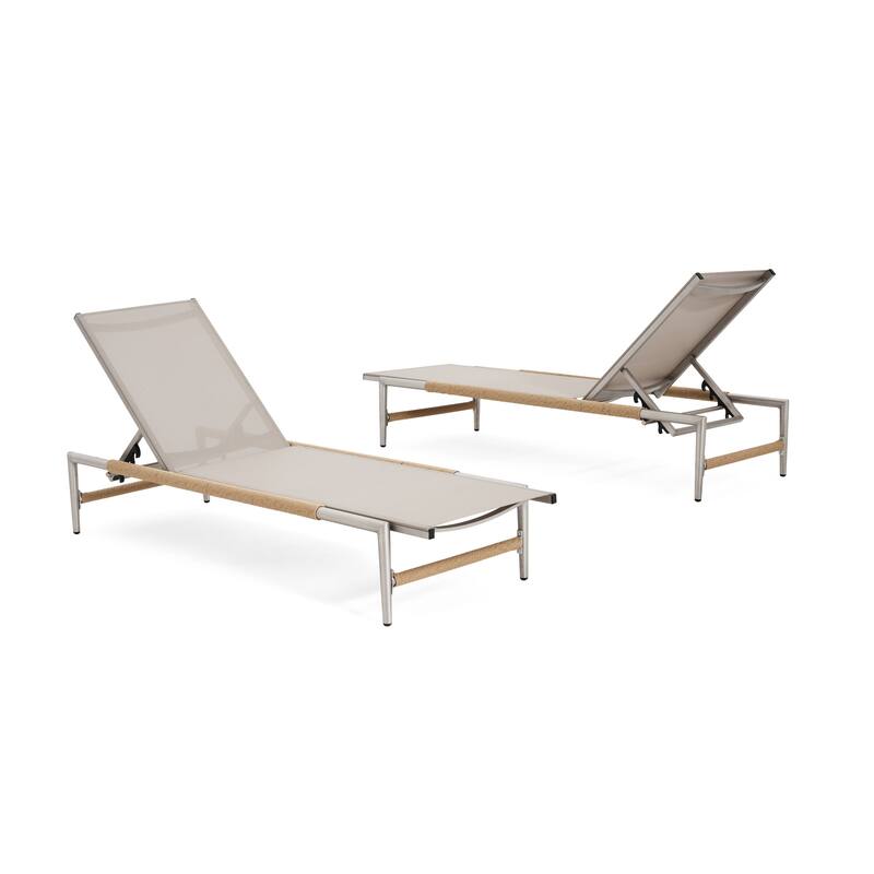 2 Pcs Rust-resistant Reclining Chair with Adjustable Backrest, Ergonomic Mesh Lounge Chair with Rope-Wrapped Legs