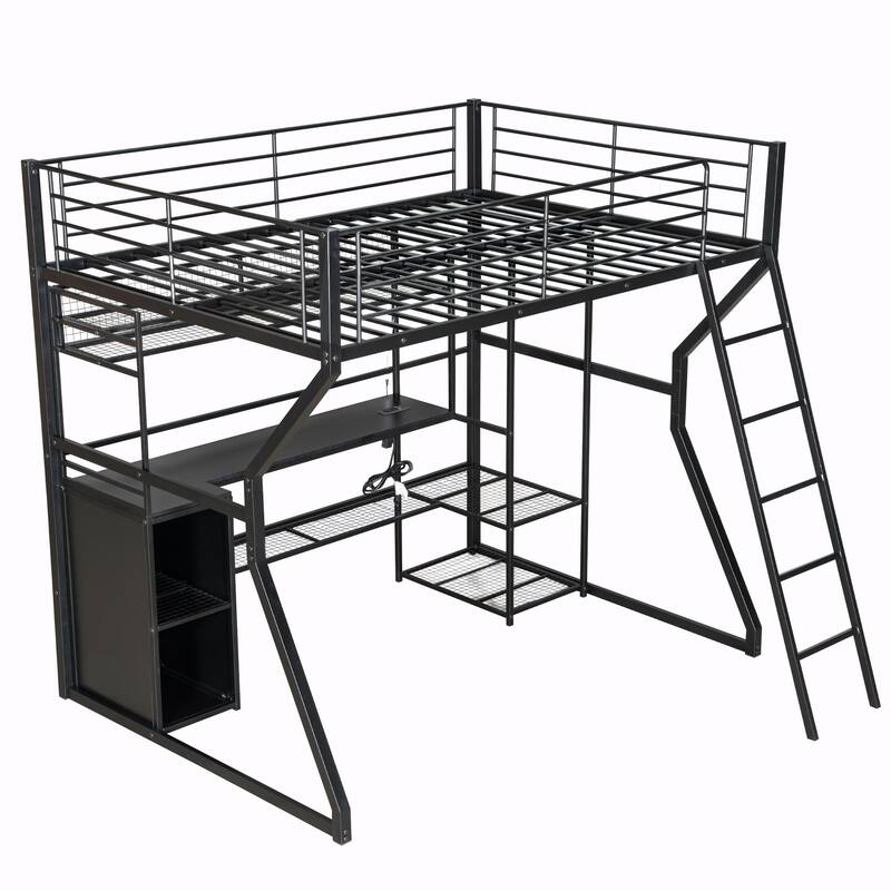 Full Size Metal Gaming Loft Bed with Built-in Work Station, Open Wardrobe, LED Lights