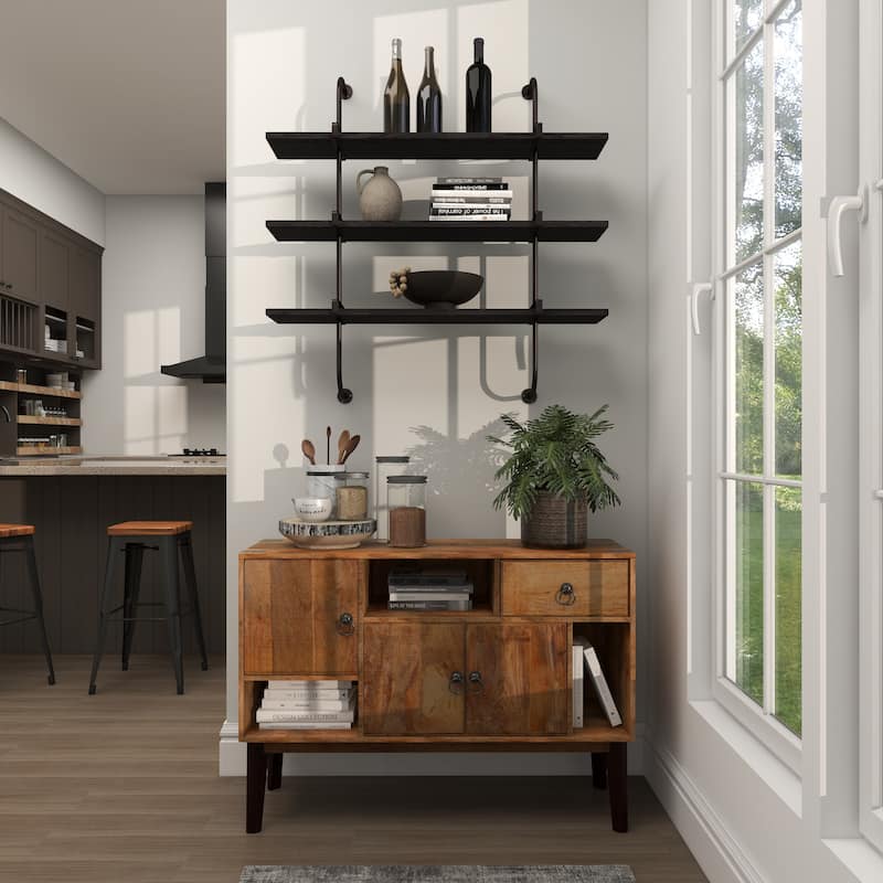 3 Level Wood Wall Shelf with Black Metal Brackets - Brown or Gray