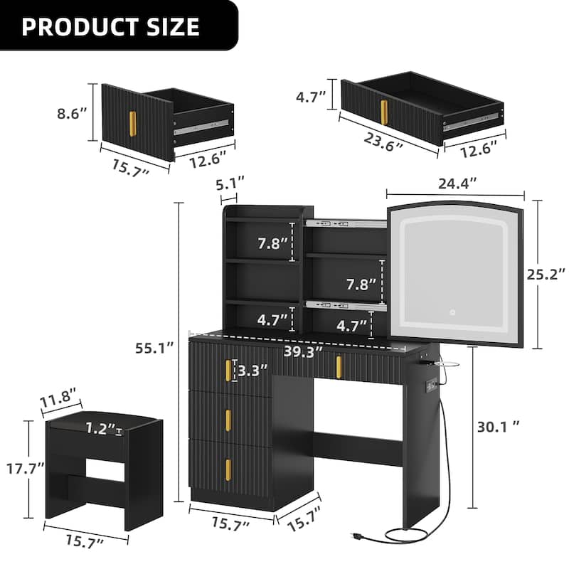 Moasis 39" Wide Makeup Vanity Set with Stool and 3 Color Sliding Mirror