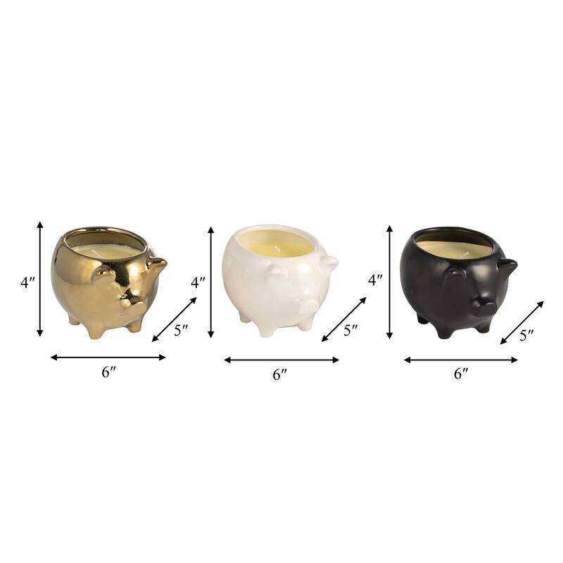 Set of Three 4"H 6" Diameter Gold, Ivory, and Black Colored Ceramic Pig Soy Candle 9oz Vanilla-scented for Indoor - 6" x 5" x 4"
