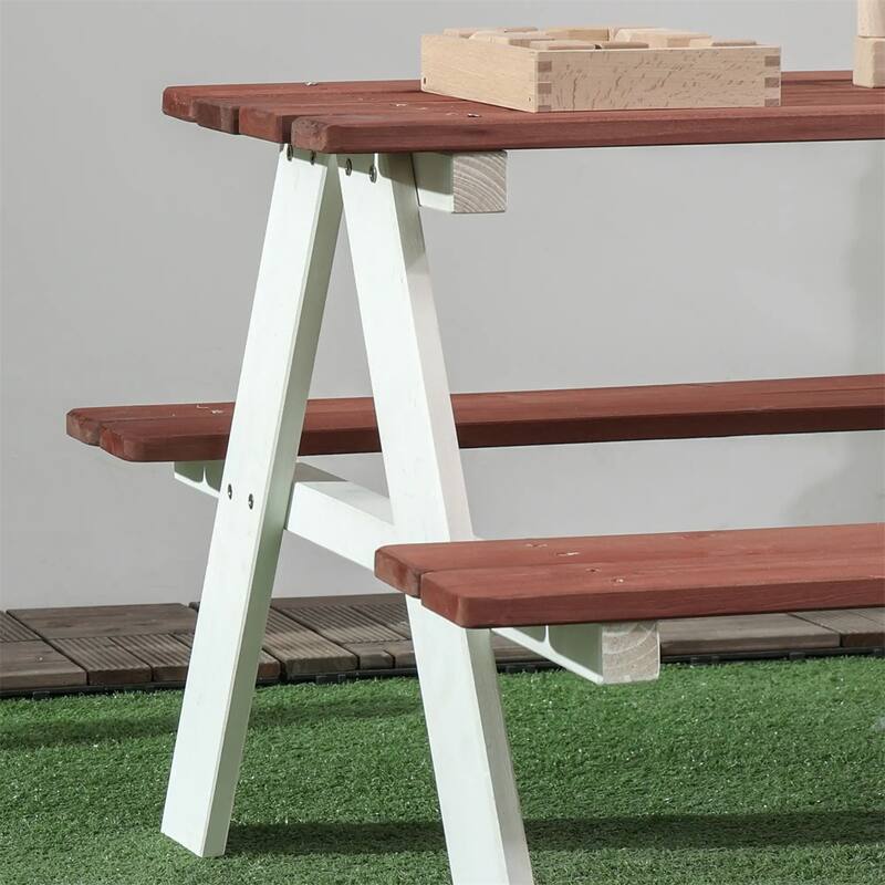 Kids Outdoor Picnic Table and Bench Set Fir Wood Pecan White Toddler Activity Furniture Ages 3-8 - 35" L x 31" W x 19.75" H