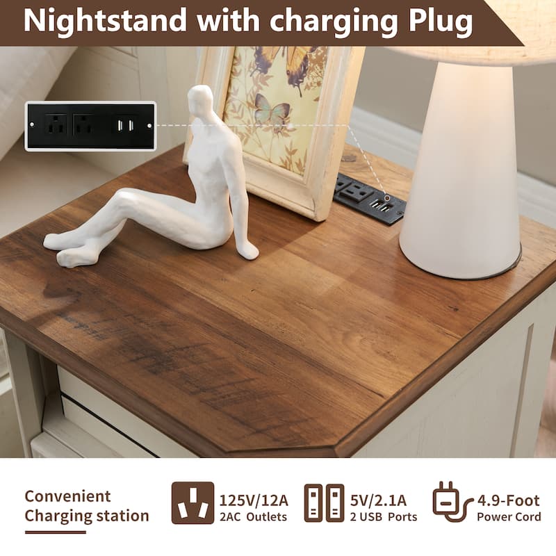Farmhouse Nightstand Set of 2 with Charging Station, Beside Table